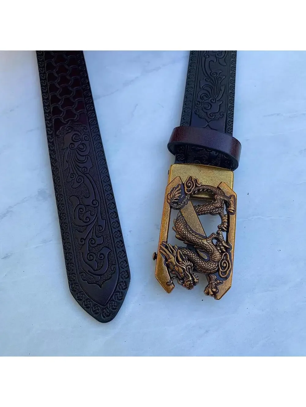 Chinese Dragon belt buckle dark brown belt. 47 inches length